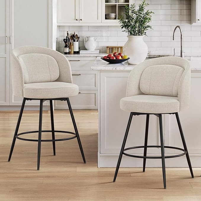 LUE BONA 26''H Swivel Bar Stools Set of 2, Counter Height Bar Stools with Backs, Lumbar Pillow and Black Metal Frames, Upholstered Modern Barstools for Kitchen Island, Linen Farbic, Linen Color