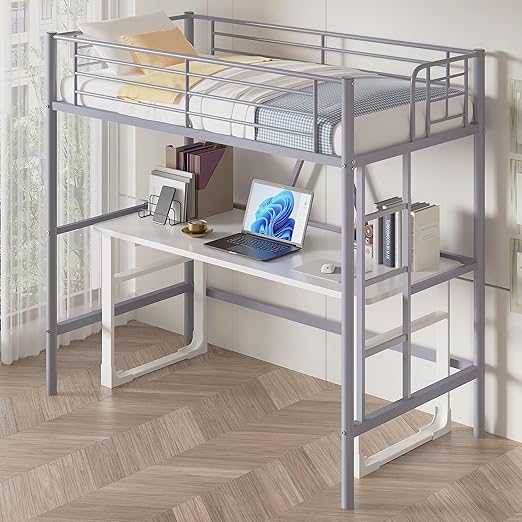 VECELO Metal Loft Bed Twin Size, Heavy Duty Bedframe with Removable Ladder and Safety Guardrail, Space-Saving, Noise Free, No Box Spring Needed, Grey