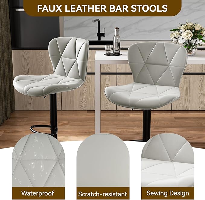 Nalupatio Modern Bar Stools Set of 4, Adjustable Faux Leather Upholstered Swivel Bar Stools, Counter Height Bar Chairs with Back for Kitchen Island, Light Grey