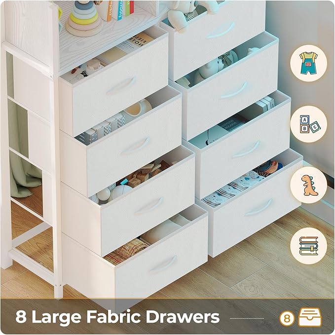ADORNEVE Twin Size Loft Bed with Desk and 8 Storage Drawers, Metal Kids Loft Bed Twin with LED Lights & Charging Sation, Storage Shelves, 13.1" H Safety Guard & Ladder, No Box Spring Needed, White