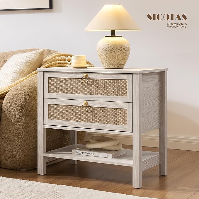SICOTAS Boho Rattan Nightstand Set of 2, 26.7" Extra Wide Bedside Table with 2 Drawers & Open Shelf, White Oak Large Side Table for King Size Bed, Modern Coastal End Table for Master Bedroom