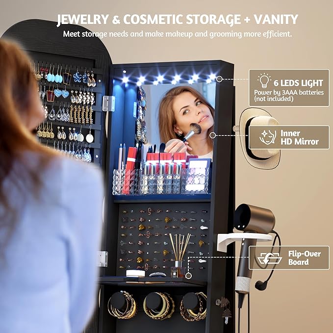 Vlsrka 360° Swivel Jewelry Aromire with Wavy Mirror, Lockable Jewelry Organizer Mirror Full Length, Rotatable Standing Mirror with Storage, Jewelry Cabinet, Interior Mirror, Flodable Shelf, Black