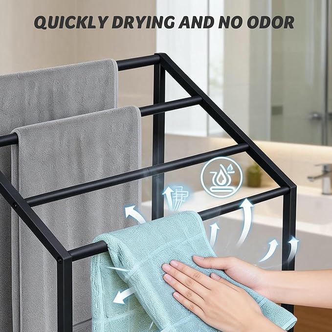 Hjarta Extra Wide 31.5 Inch Standing Towel Rack, Tall 40 Inch Free Standing Towel Rack with Storage Shelf, 4 Tier Towel Stand for Bathroom Outdoor Poolside