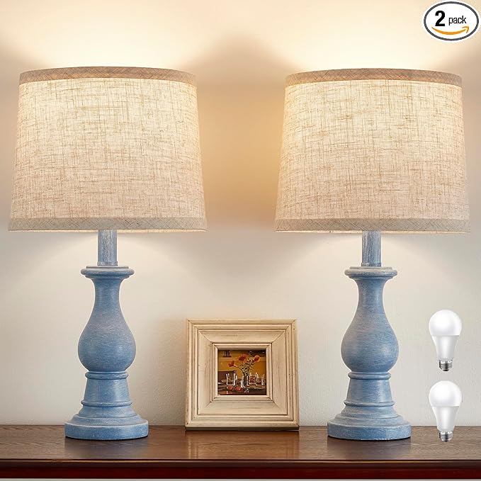 Vintage Table Lamp for Living Room Bedroom, 18.5" Farmhouse Bedside Lamps Nightstand Lamp Set of 2, Table Lamps with Oatmeal Linen Lamp Shades, 2 LED Bulbs Included, Blue
