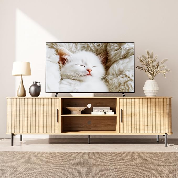 SUNCOZE 70" Mid-Century Fluted TV Stand with Storage, Modern Entertainment Center for TVs up to 80 Inch with Sliding Tambour Doors & Open Shelves, Media Console for Living Room or Bedroom, Wood