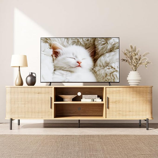 SUNCOZE 70" Mid-Century Fluted TV Stand with Storage, Modern Entertainment Center for TVs up to 80 Inch with Sliding Tambour Doors & Open Shelves, Media Console for Living Room or Bedroom, Wood