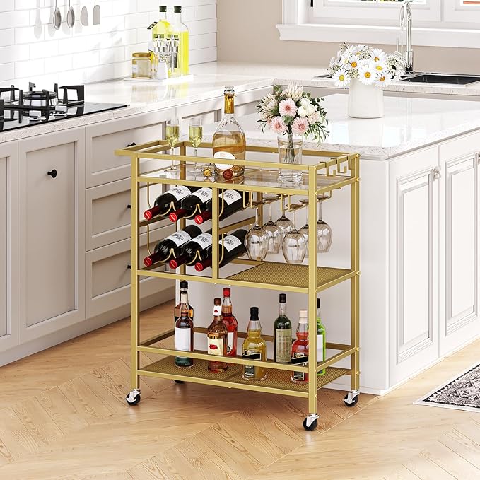 MAHANCRIS Bar Cart for Home, 3-Tier Serving Cart with Wheels and Handle, Beverage Cart with Wine Rack and Glass Holders, Rolling Wine Cart for Kitchen, Dining Room, Gold RCJ61B01