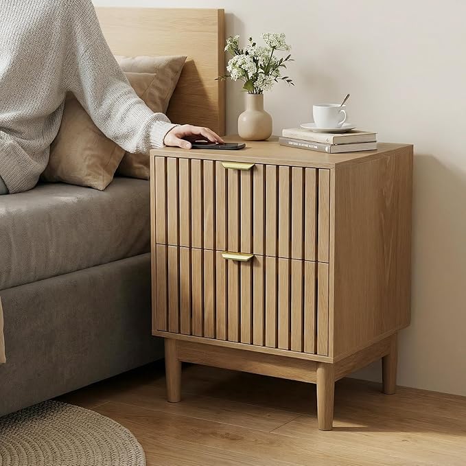 Kiasthome Mid-Century Wood Nightstand with 2 Drawers, Fluted Front Bedside Table, Functional End Table for Bedroom & Living Room (Light Oak (2-Pack))