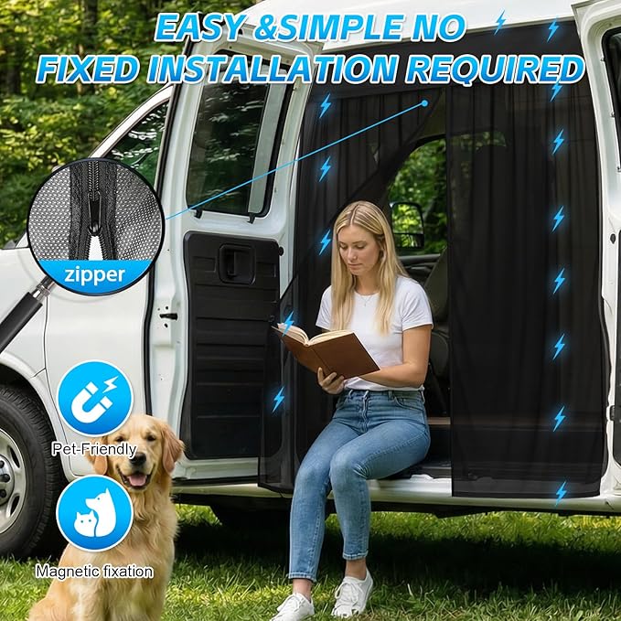 Magnetic Van Screen for Chevrolet Express/GMC Savana 1996-2025 - Mosquito Net with Zipper for Sliding Door - 55" H x 51" W