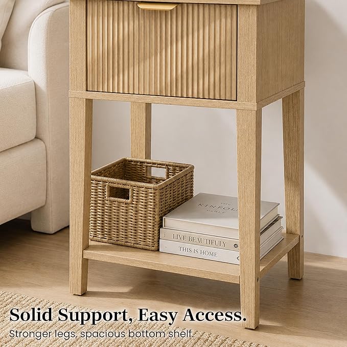 Modern Fluted Small Wood Nightstand, 11.8" Deep x 15.4" Narrow Bedside Table with Drawer & Open Shelf, Boho Scandinavian Accent End Table for Bedroom & Sofa - Oak