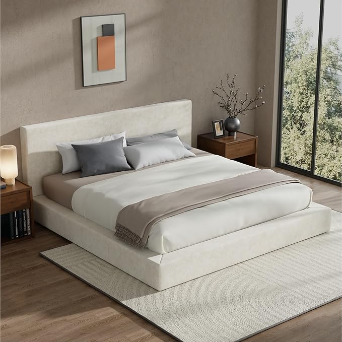 RECCI AirFrame King Size Bed Frame with Headboard, Cloud Upholstered Platform Bed Frame, 5 Inch Foam Cushioned, No Box Spring, Easy Assembly(Beige Chenille)