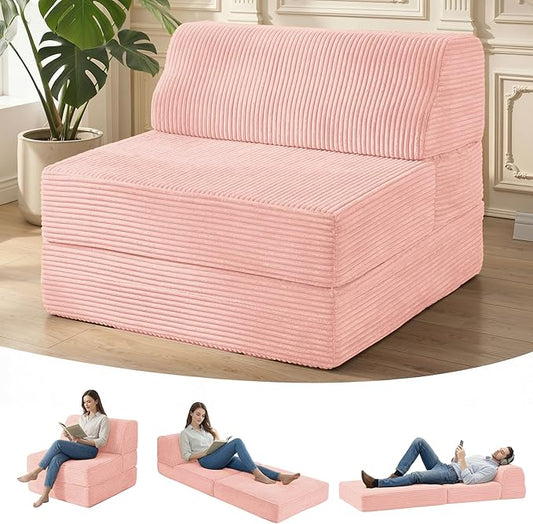 Kasunpul Folding Sofa Bed with Pillow, Memory Foam Fold Out Chair Bed, Convertible Sleeper Chair with Washable Cover, Futon Floor Couch for Living Room/Dorm/Guest Use/Home Office/Apartment,Pink