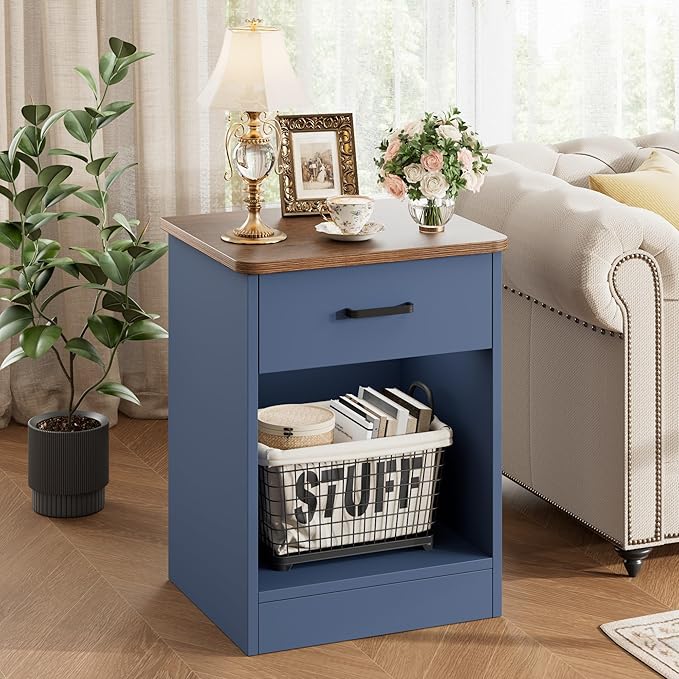 FOTOSOK Nightstand, 2-Tier Side Table with Drawer and Storage Shelf, Bedside Table End Table, Modern Night Stand for Bedroom, Home Office, Blue