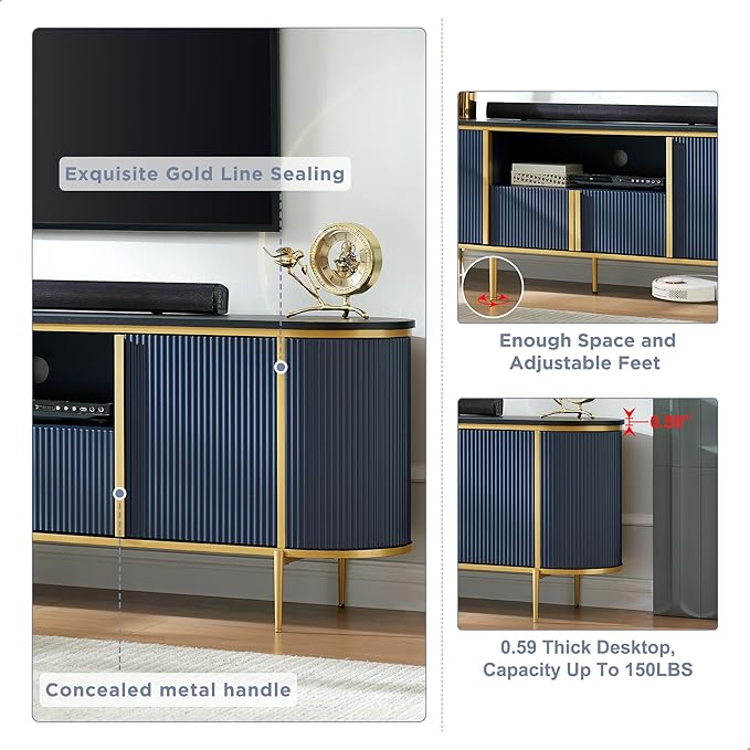 OKD 70" Fluted TV Stand with Storage, Faux Marble Top Entertainment Center for TVs Up to 80", Modern Curved Edge Media Console Cabinet for Living Room, Navy Blue