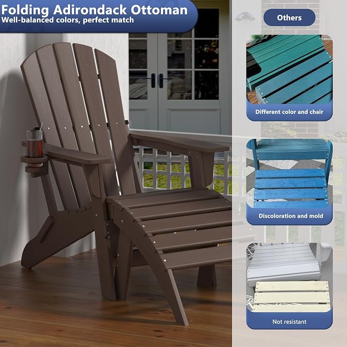 Plawdlik Folding Ottoman for Adirondack Chair–HDPE All-Weather Footrest for Outdoor Use, Garden & Poolside– Anti-Cracking, Fade-Resistant, Easy Assembly–Coffee