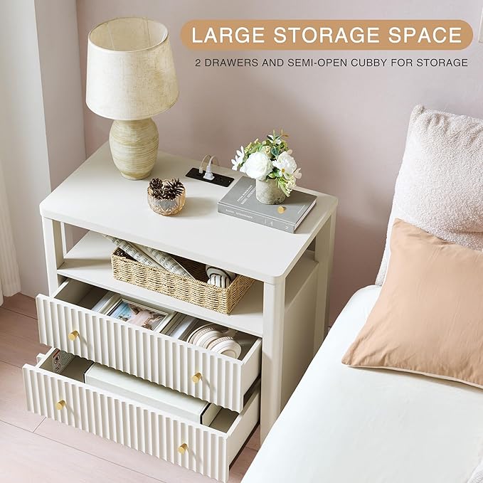 Fluted Nightstand with Charging Station Set of 2, 27.3" Wide Modern Bedside Table with 2 Drawers & Open Shelf, Large Wood End Table with Storage & Metal Handle for Bedroom, Living Room, Cream White