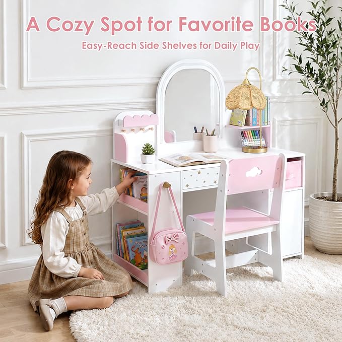 Leeshyah Kids Vanity with Lights and Chair, 3-Color Lighted Mirror Kids Vanity Table and Chair Set, Toddler Vanity Desk with Drawer, Storage Cabinet and Bin, Pretend Play Vanity for Ages 3+