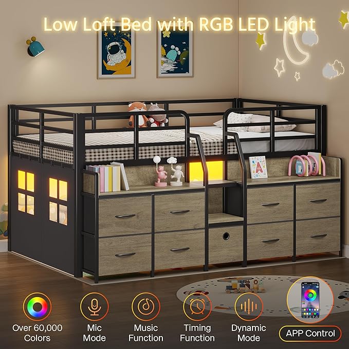 Dnxao Low Loft Bed Twin with 9 Drawers 2 Storage Bookcases,Twin Bed Frame for Kids with LED Lights and Charging Station,15" H Safety Guardrail,Under-Bed Play Space, Oak Gray