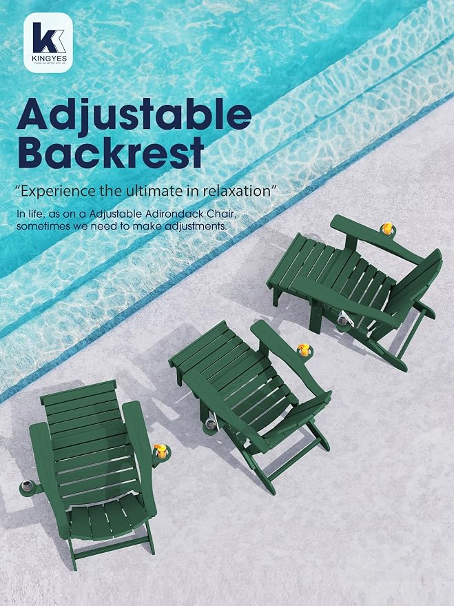 KINGYES Adjustable Folding Adirondack Chair with Ottoman & 2 Cup Holders Set of 2, HDPE Adirondack Reclining Chair with Footrest, Green