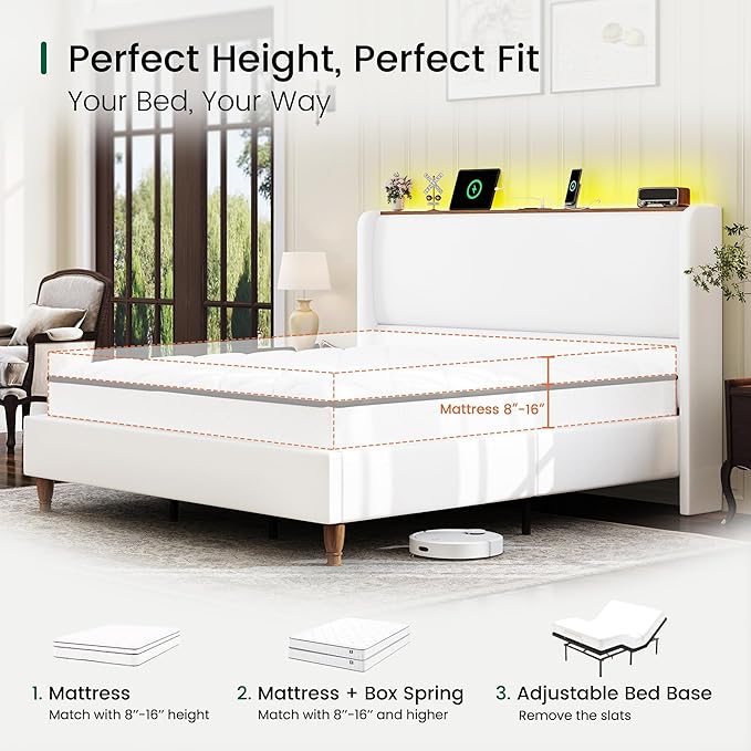 LARMACE King Size Bed Frame with LED Lights and Charging Station Linen Upholstered Platform Bed Frame with 51.2" Tall Wingback Headboard and Storage Shelf, No Box Spring Needed, Easy Assembly, Cream