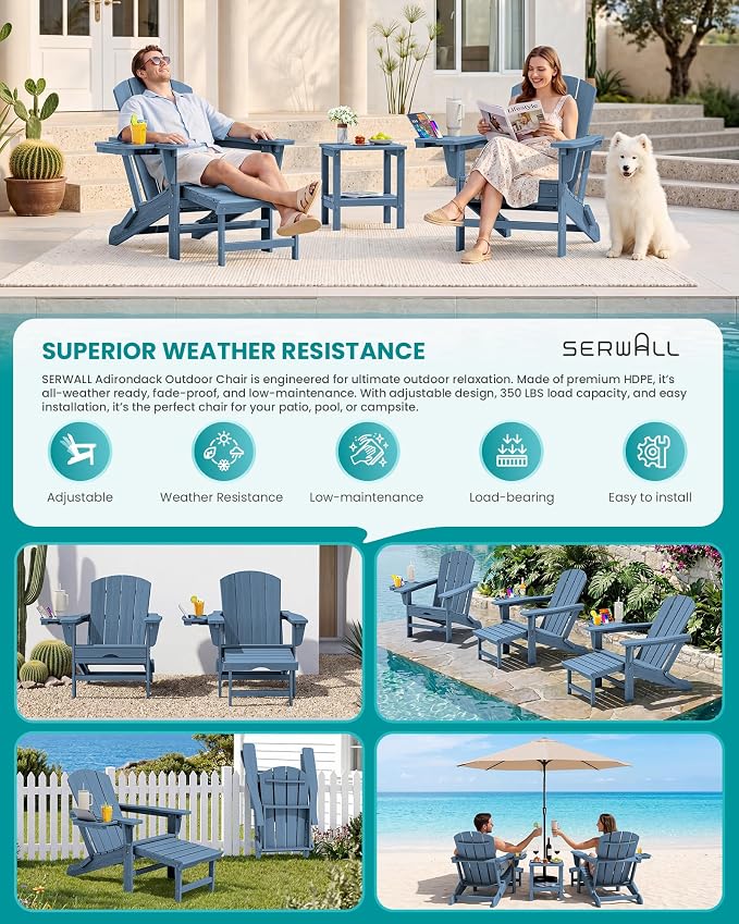SERWALL Folding Adjustable Adirondack Chair with Footrest, HDPE Outdoor Chair with 4-in-1 Cup Holders, All Weather Adirondack Chair with Ottoman, Blue