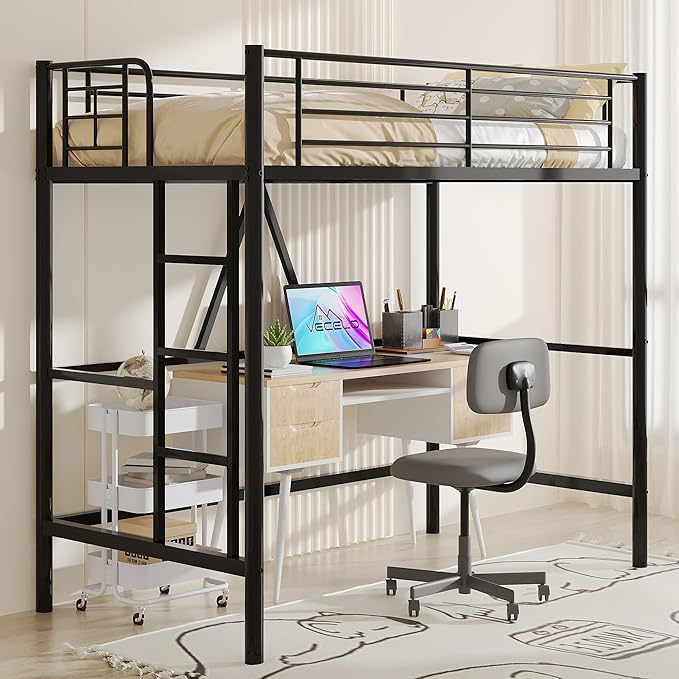 VECELO Loft Bed Twin Size, Metal Bedframe with Removable Ladder and Safety Guardrail, No Box Spring Needed, Space Saving, Noise Free, Matte Black