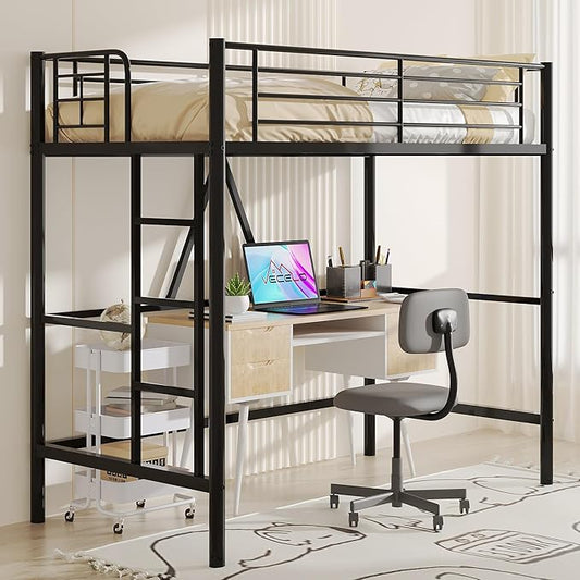 VECELO Loft Bed Twin Size, Metal Bedframe with Removable Ladder and Safety Guardrail, No Box Spring Needed, Space Saving, Noise Free, Matte Black