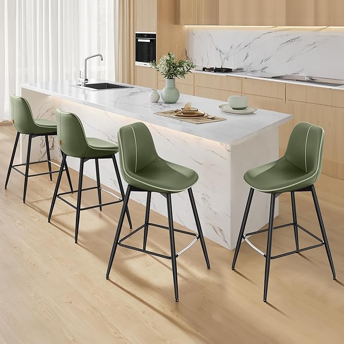 VASAGLE Bar Stools Set of 4, Counter Height Bar Stools with Back, Ergonomic Backrest, Synthetic Leather, Metal Legs, 24.8-Inch Tall Barstools for Kitchen Island Home Bar, Easy Assembly, Forest Green