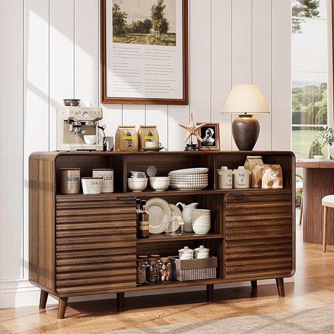 58 Inch Curved Sideboard Buffet Cabinet w/2 Wave Doors and Open Storage Spaces, Angled Side Frame, Sideboard Storage with Adjustable Shelves, Coffee Bar Cabinet for Kitchen, Living Room, Walnut