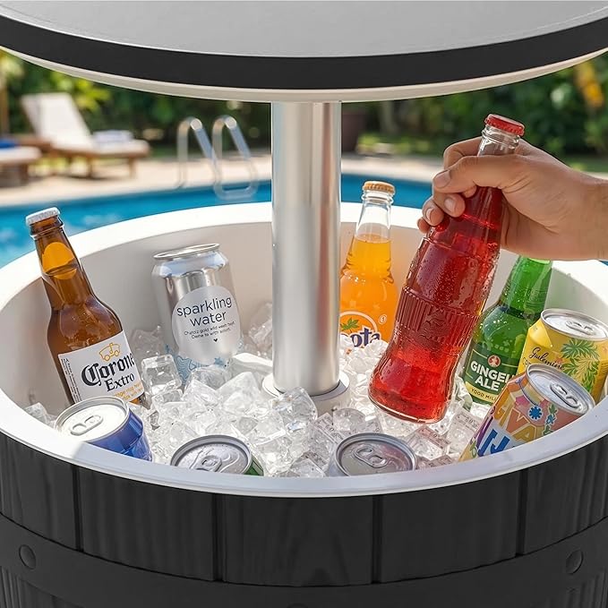EasyUp Outdoor Resin Ice Bucket & Beverage Cooler-Patio Cooler Table with UV Protection,Wood-Look Side Tables for Your Patio, Picnic, and Beach Party (Black)