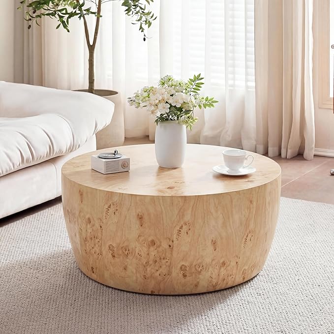 YYQ Upgraded 34.6" Round Coffee Table for Living Room, Burl Faux Marble Pattern Coffee Table, Reversible Drum Coffee Table, Tea Table Wooden Table for Home Office, No Assembly Required