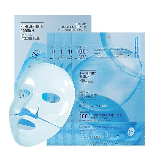 VT COSMETICS ハイドロリドルショット100 2ステップハイドロゲルマスク（34.5g×4枚）、集中保湿、エクソソームヒアルロン酸、露のような潤いとガラス肌、寝ながら溶けるマスク、韓国フェイスマスク