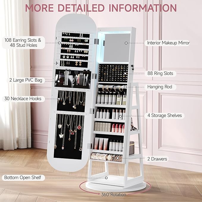 360° Swivel Jewelry Mirror Cabinet with Lights, Inside Makeup Mirror, Standing Jewelry Armoire Organizer, Rotatable Full-Length Mirror with Jewelry Storage, Lockable with Back Storage Shelves (White)