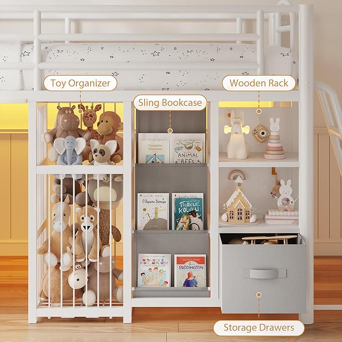 Low Loft Bed Twin Size with 4 Storage Drawers and LED Lights, Twin Loft Bed with Sling Bookcase & Toy Storage, Kids Twin Beds with Anti-Collision Pad & Play Curtain, Under-Bed Play Space, White+Grey