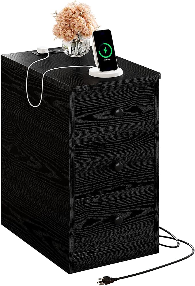 LIKIMIO Nightstand with Charging Station, Narrow Bedside Table with 3 Drawers, End Table with USB Ports and Outlets, Side Table for Living Room/Bedroom Modern