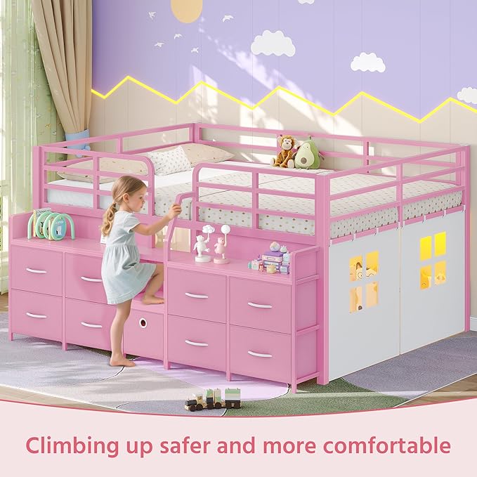 Dnxao Low Loft Bed Full Size with 9 Drawers and 2 Bookcases, Full Size Loft Bed with Charging Station & LED Lights, 15" H Safety Guardrail Metal, Under-Bed Play Space,Pink