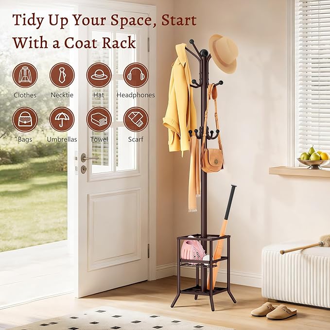 FAVOOSTY Coat Rack Freestanding,Coat Rack Stand with Umbrella Holder,Metal Coat Tree with 12 Hooks,Tree Clothes Hat for Entryway, Hallway, Bedroom, Living Room & Office -Brown