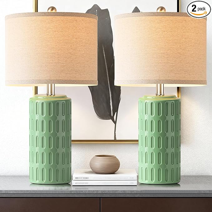 PARTPHONER 23" Farmhouse Modern Ceramic Table Lamp Set of 2 - Sage Green Bedside Lamps for Bedroom & Living Room, Nightstand, Desk, End Table
