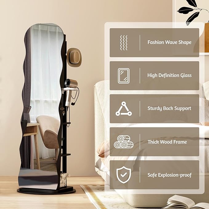 Vlsrka 360° Swivel Jewelry Aromire with Wavy Mirror, Lockable Jewelry Organizer Mirror Full Length, Rotatable Standing Mirror with Storage, Jewelry Cabinet, Interior Mirror, Flodable Shelf, Black