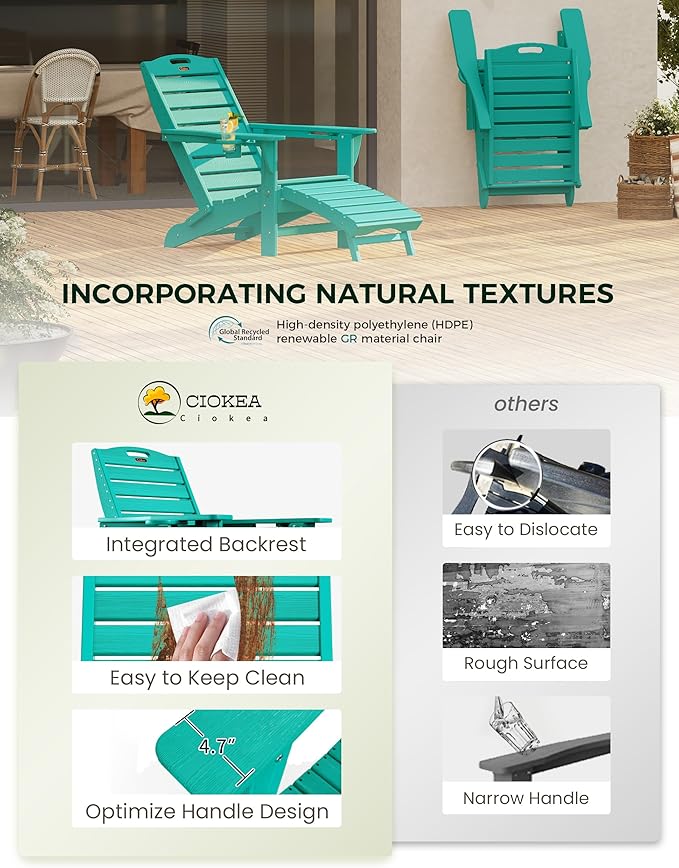 Ciokea Folding Adirondack Chair with Retractable Ottoman Fire Pit Patio Chair with Pull Out Foot Rest Weather Resistant Lawn Outdoor Lounge Chair with 2 Cup Holder (Lake Blue)