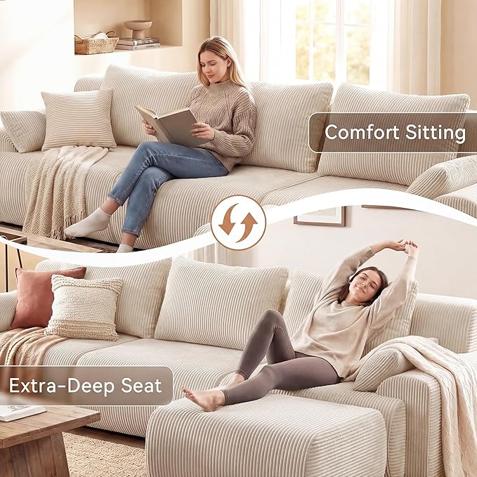 GRUSIGN 118'' Sectional Boneless Oversize Modular Couches, Curved Cloud Sectional Couches for Living Room,Rounded Corner Design L Shape Deep Seat Family Sofa with Ottoman & 3 Throw Pillows, Beige