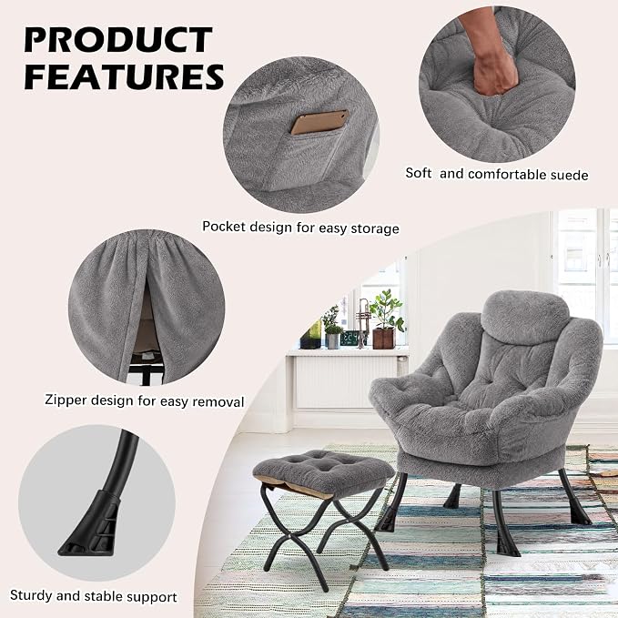 Lazy Chair with Folding Ottoman,Leisure Sofa Chair,Soft Fabric Armchair with Armrests and Side Pockets, Reading Chair with Footrest for Living Room, Bedroom, Office (Plush Light Grey)