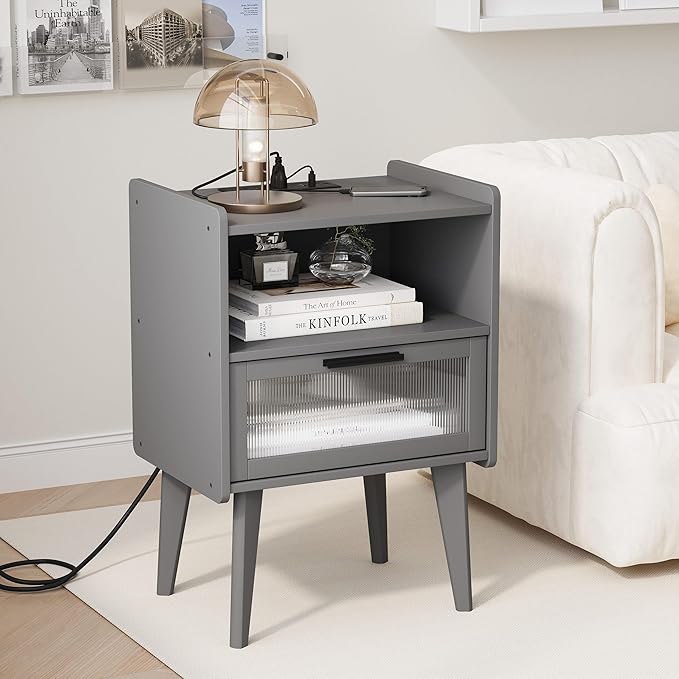 MMEOLUOOK Nightstand with Charging Station, Bedside Tables Grey End Table Side Table with 2 Tiers Storage Space, for Bedroom Living Room CAMLBZ07ZE