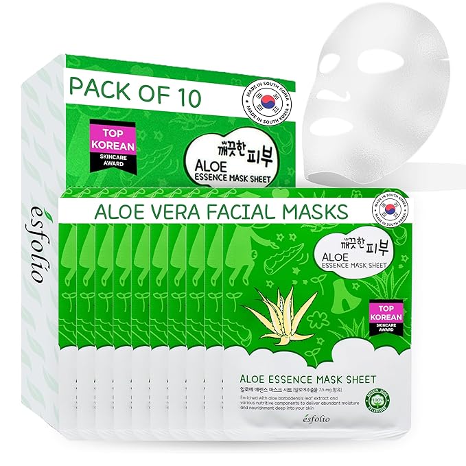 Esfolio Pure Skin Aloe Vera Face Mask Sheet – Hydrating Korean Sheet Mask for Soft, Balanced Skin – Lightweight Daily Skincare with Botanical Extracts – Easy to Use, Made in Korea (Pack of 10)