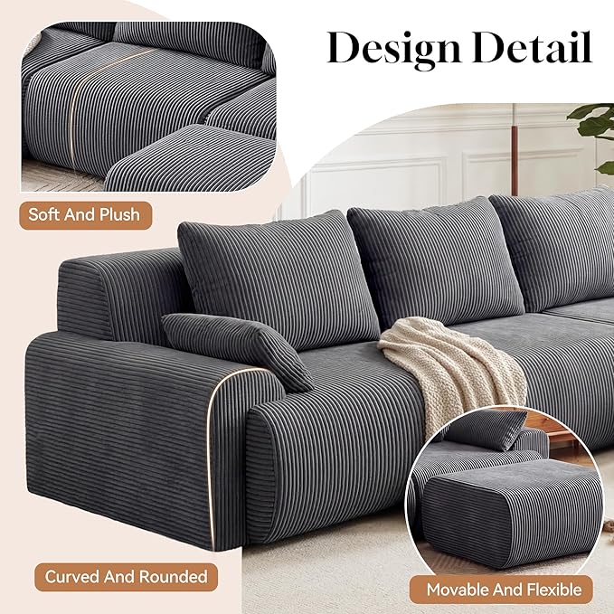 GRUSIGN 118'' Sectional Boneless Oversize Modular Couches, Curved Cloud Sectional Couches for Living Room,Rounded Corner Design L Shape Deep Seat Family Sofa with Ottoman & 3 Throw Pillows, Grey