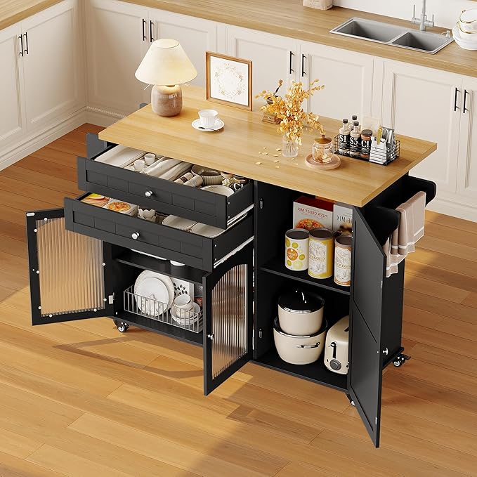FINETONES Kitchen Island with Storage, Rolling Kitchen Island on Wheels with Wood Drop Leaf Countertop, Island Table Bar Cart with Spice Towel Rack Portable Kitchen Table Kitchen Carts on Wheels