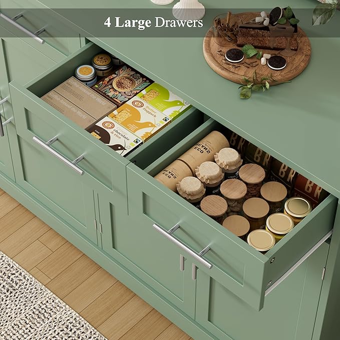 HOSTACK 60" Large Buffet Sideboard with Storage, 36" Tall Kitchen Buffet Storage Cabinet with 4 Drawers, Modern Coffee Bar Cabinet with Silver Handles, Long Sideboard Buffet Table for Kichen, Green
