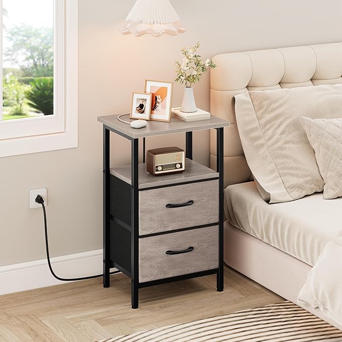 Vagusicc Nightstand with Charging Station, Side Table with 2 Fabric Drawers, Bedside Table with Open Shelf, 24.2" Tall End Table with USB Ports and Outlets, Night Stand for Bedroom, Greige