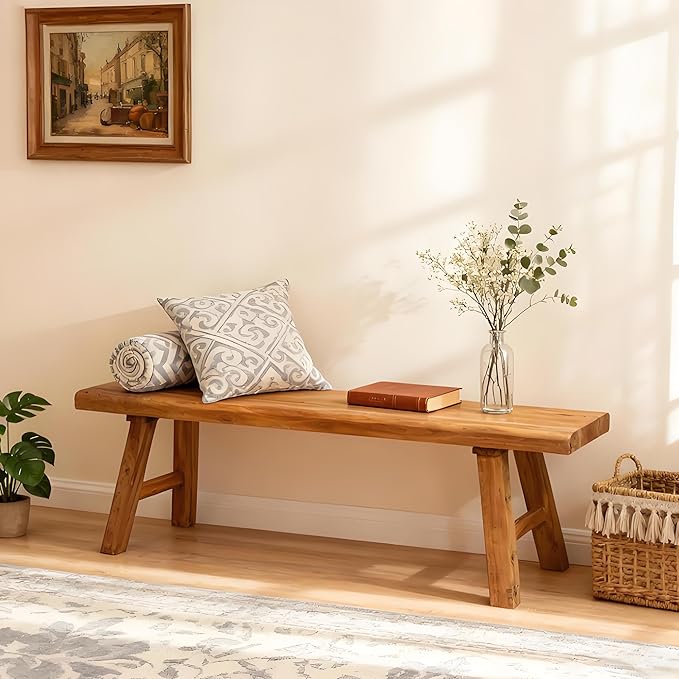 Rustic Solid Wood Bench Indoor, Farmhouse Entryway Bench with Sturdy Legs, Skinny Narrow Bench for Dining Hallway Entry Foyer End of Bed (31.49 inch Length)