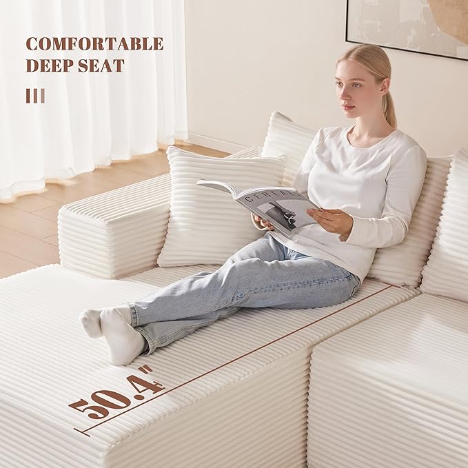 Mangodan 110” Cloud Sectional Couch, Modular Sectional Sofa with Deep Seat, Boneless Sofa for Living Room, Fluffy Comfy U-Shaped Couch with Left Facing Chaise, No Assembly Required, Beige
